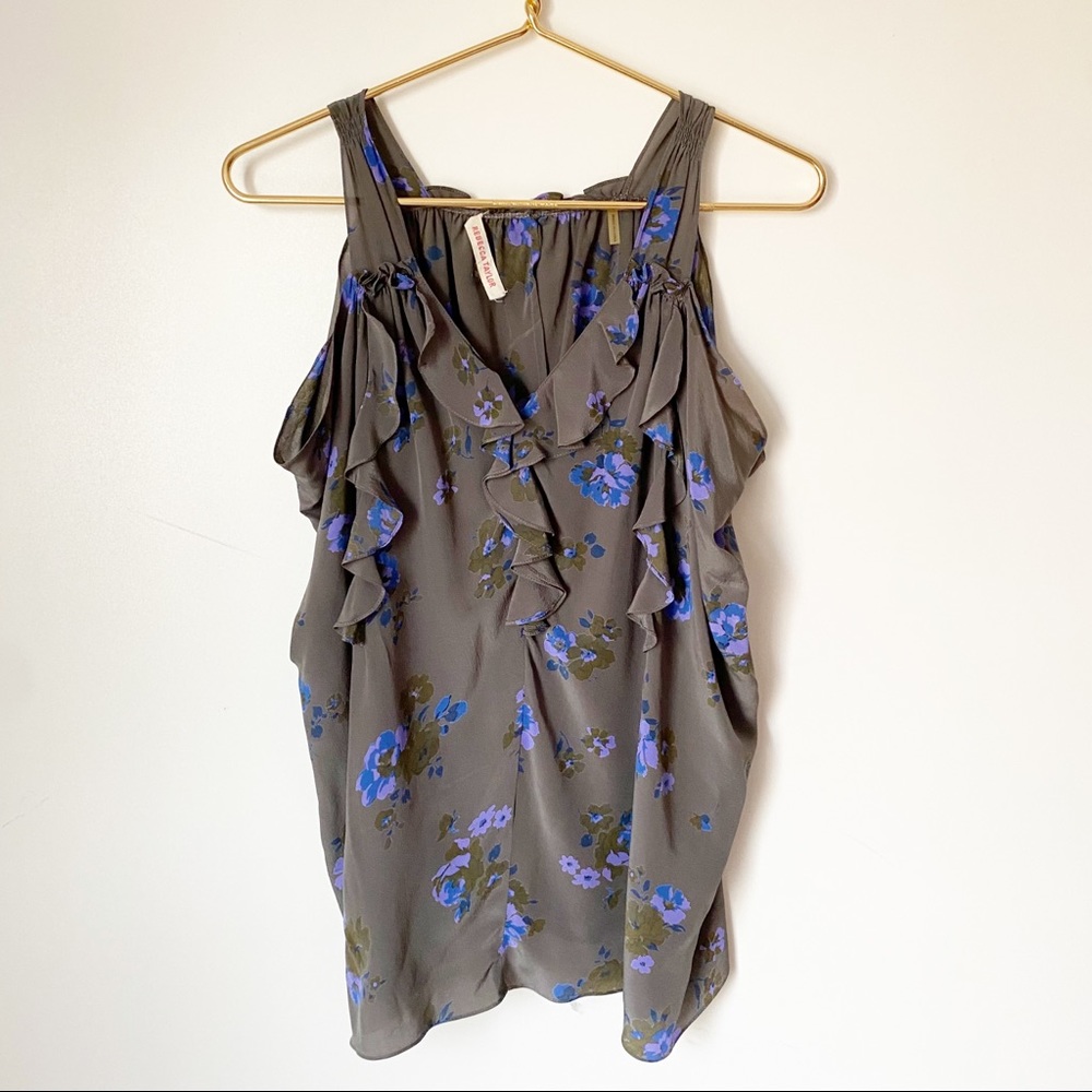 Rebecca Taylor Silk floral ruffle detail grey and blue tank top blouse.